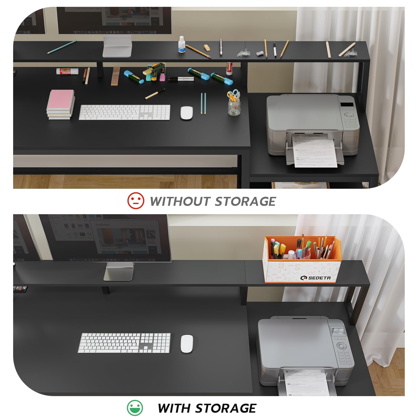 L Shaped Desk with Power Outlet and LED Lights, Computer Desk with File Drawer, Study Writing Desk Workstation for Home Office, Black