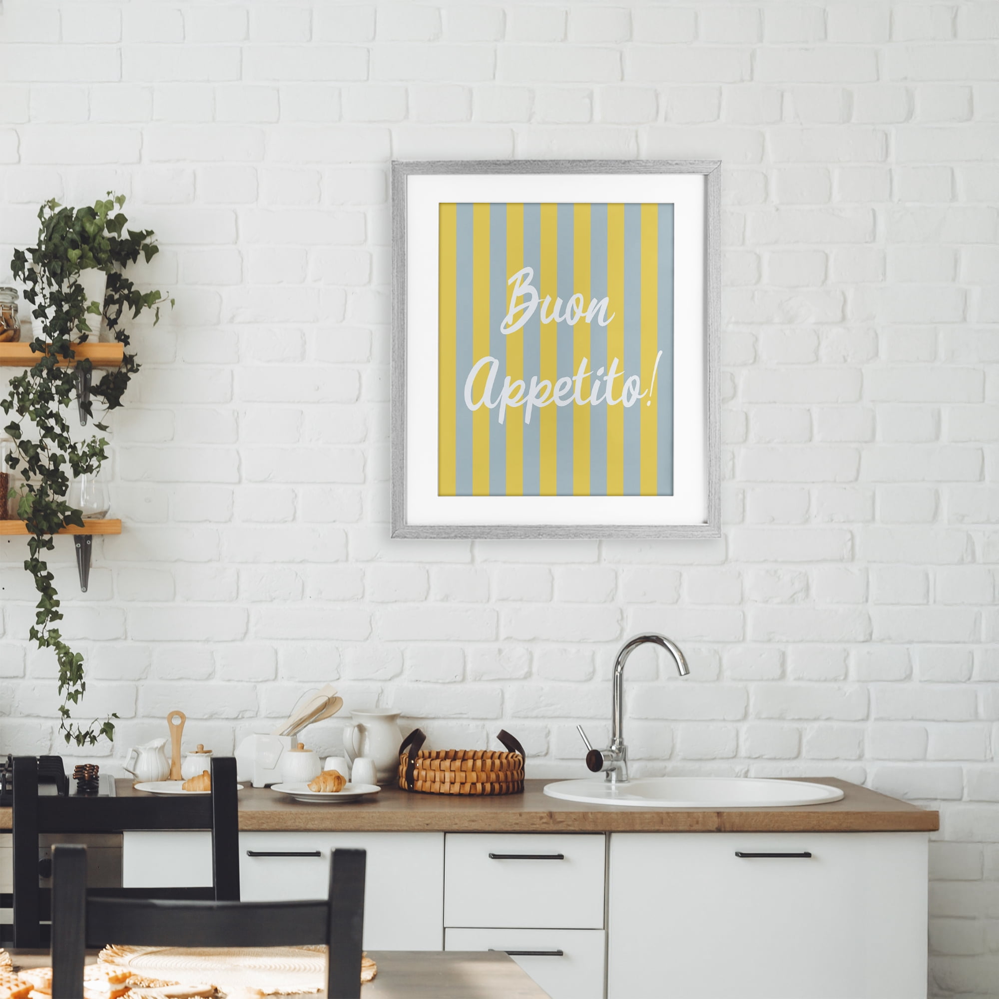 Stupell Industries Buon Appetito Blue Yellow Stripes Gray Framed Print Under Glass, design by SD Graphics Studio