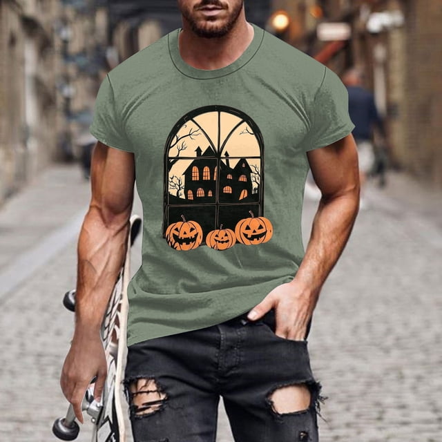 Pisexur Chemises pour Hommes Chandail-Over Imprimé Halloween Col Rond Manches Courtes Blouses/T-shirt Vert Armée,P