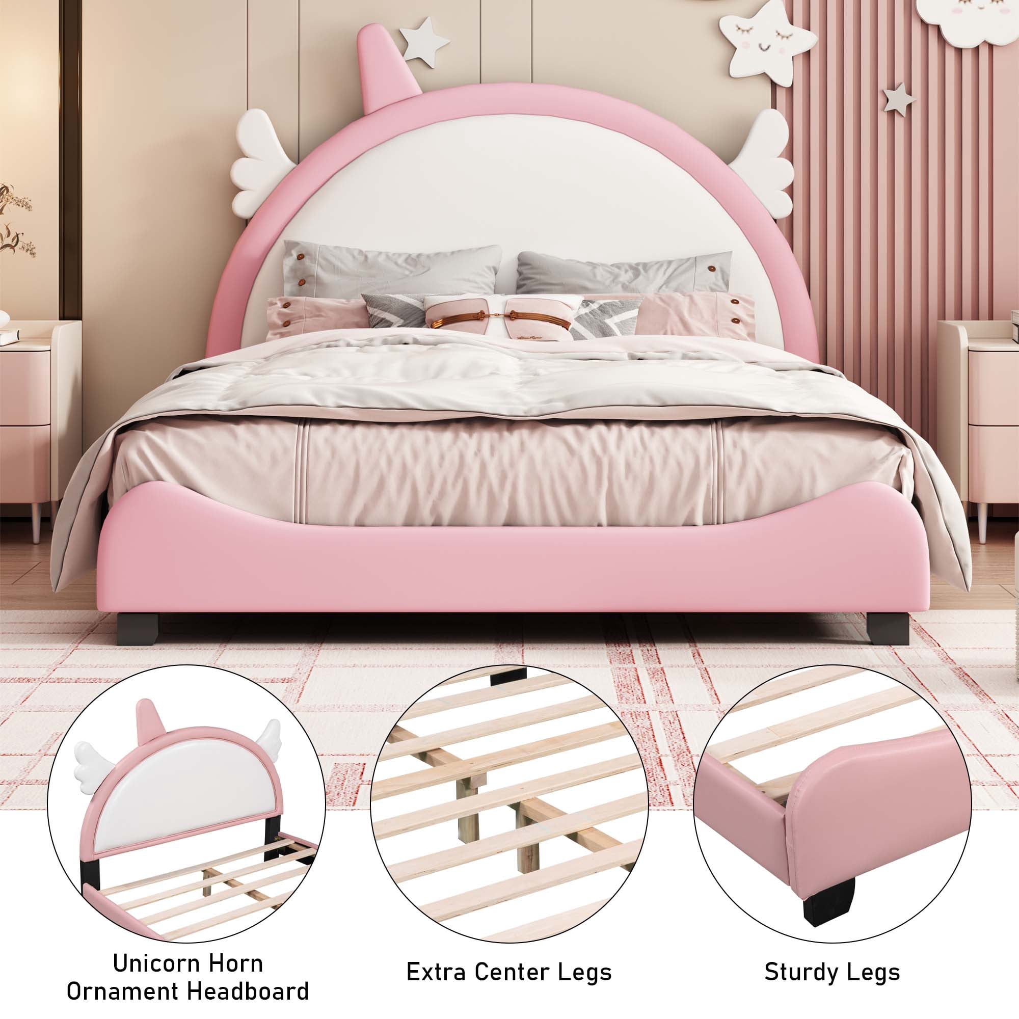 Aukfa Upholstered Bed with Unicorn Horn Headboard for Kids, PU Full Size Platform Bed - White
