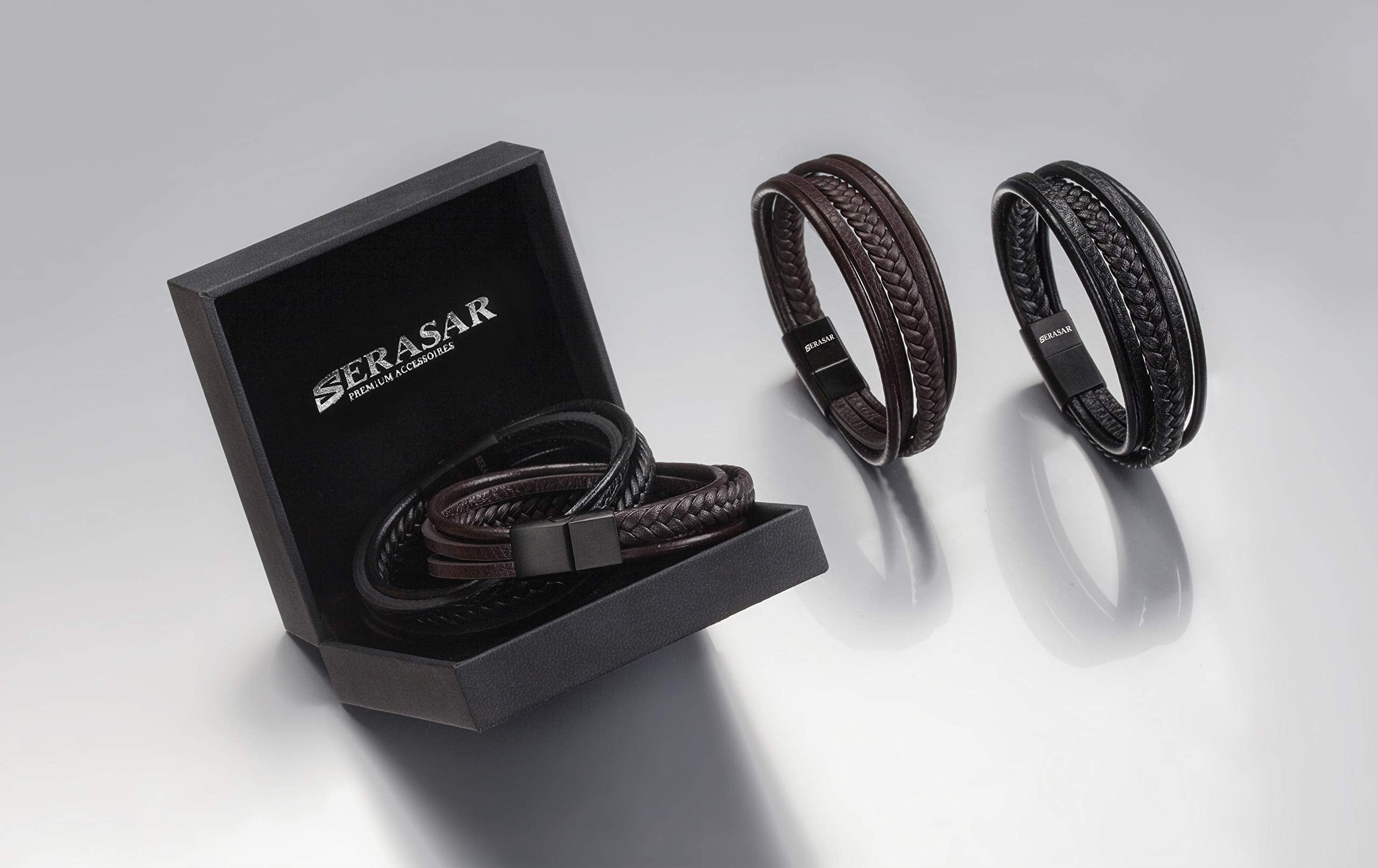 SERASAR Men's Genuine Leather Bracelet "Braid" with stainless steel magnetic closure, Black 21cm, including gift box
