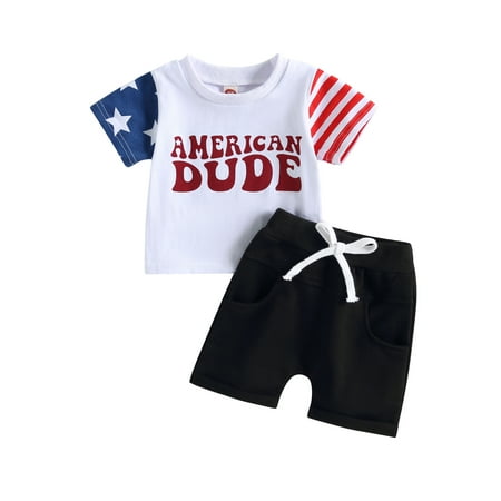 

Infant Baby Boy 4th of July Outfits Independence Day Letter Print Short Sleeve Crew Neck Tops Solid Shorts Set