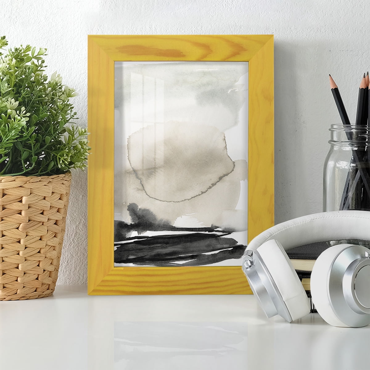Ebony Horizon Triptych II - Framed Print w/glass - Sunflower Yellow