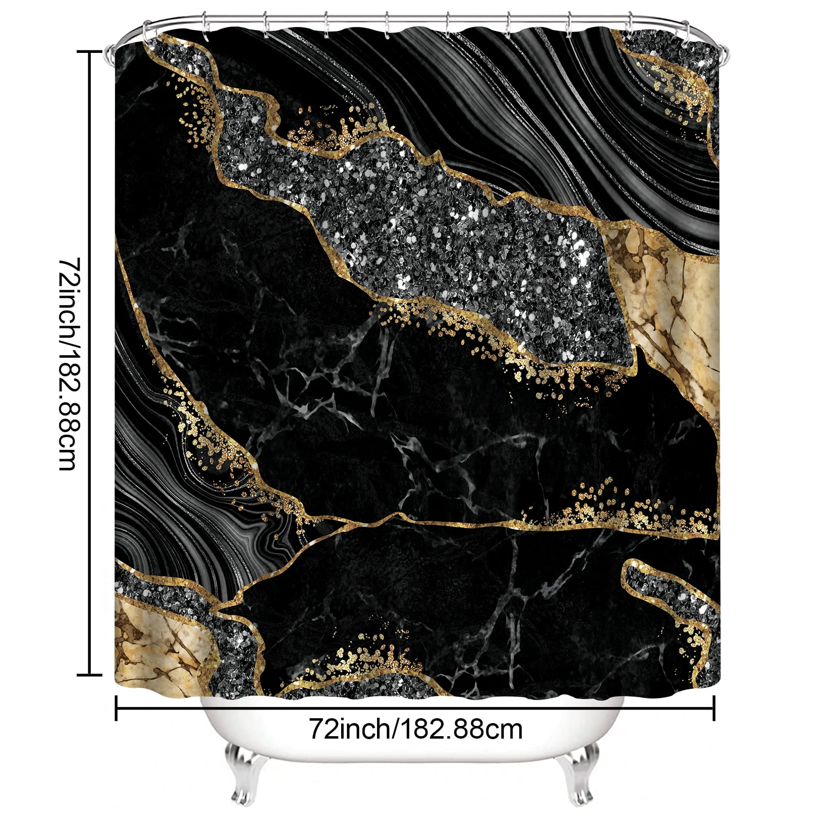 4PCS Marble Shower Curtain Sets, Modern Bathroom Sets with Shower Curtains, Toilet Lid Rug, Contour Mat and Bath Mat, Bathroom Decor Luxury Shower Curtain with 12 Hooks, 72 x 72 Inch, Black