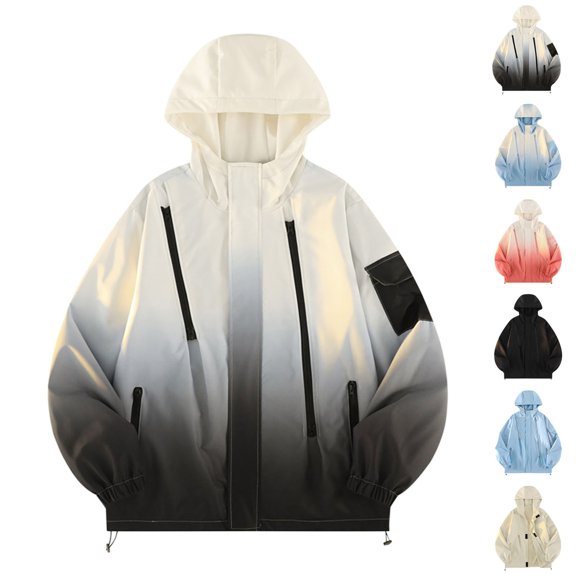 Babcutegg Mens Zip Up Hooded Jacket Gradient Print Waterprood Windbreaker Outdoor Cargo Outerwear with Pockets Light Blue Size XL