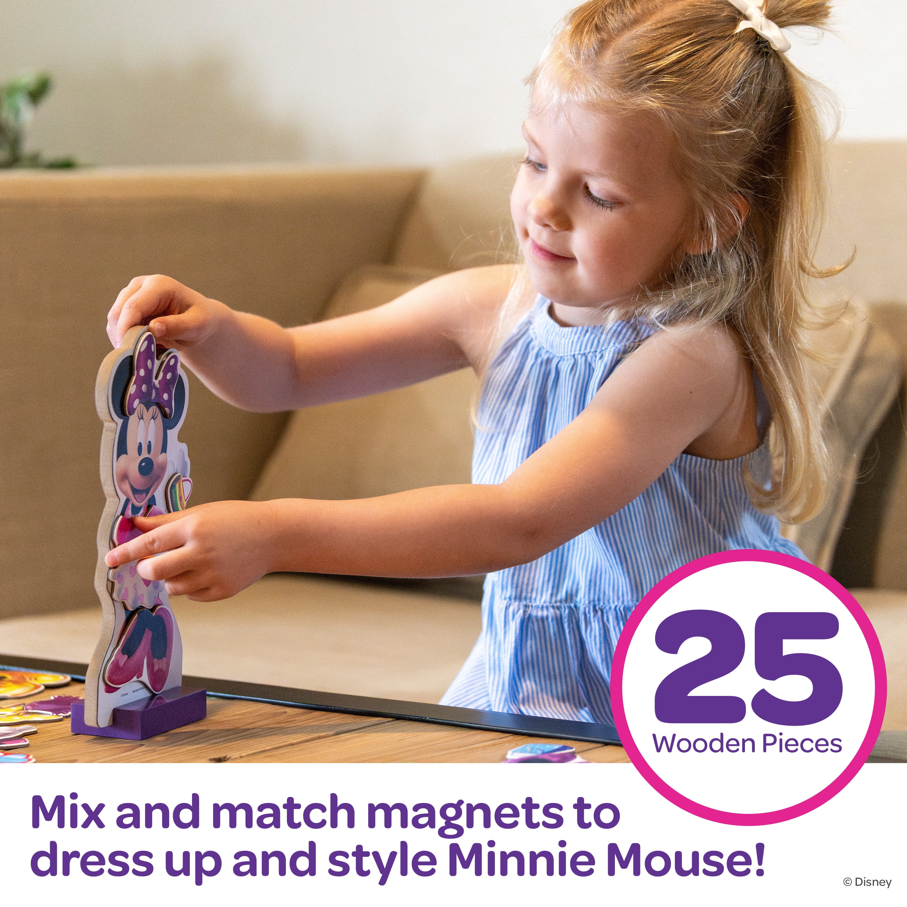 Disney Junior Minnie Mouse Wooden Magnetic Dress-Up Doll Set - Pretend Play Fashion for Toddlers, Wooden Toys for Girls, Preschool Learning Ages 3+