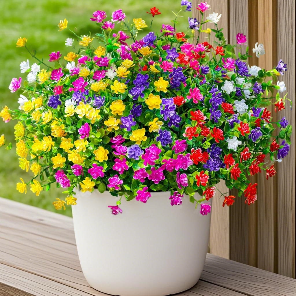 12 Bundles Artificial Faux Flowers & Greenery Plants,Realistic UV-Resistant Plastic Shrubs Bushes for Indoor/Outdoor Decor - Home, Porch, Patio Garden (6 Colors Assorted)