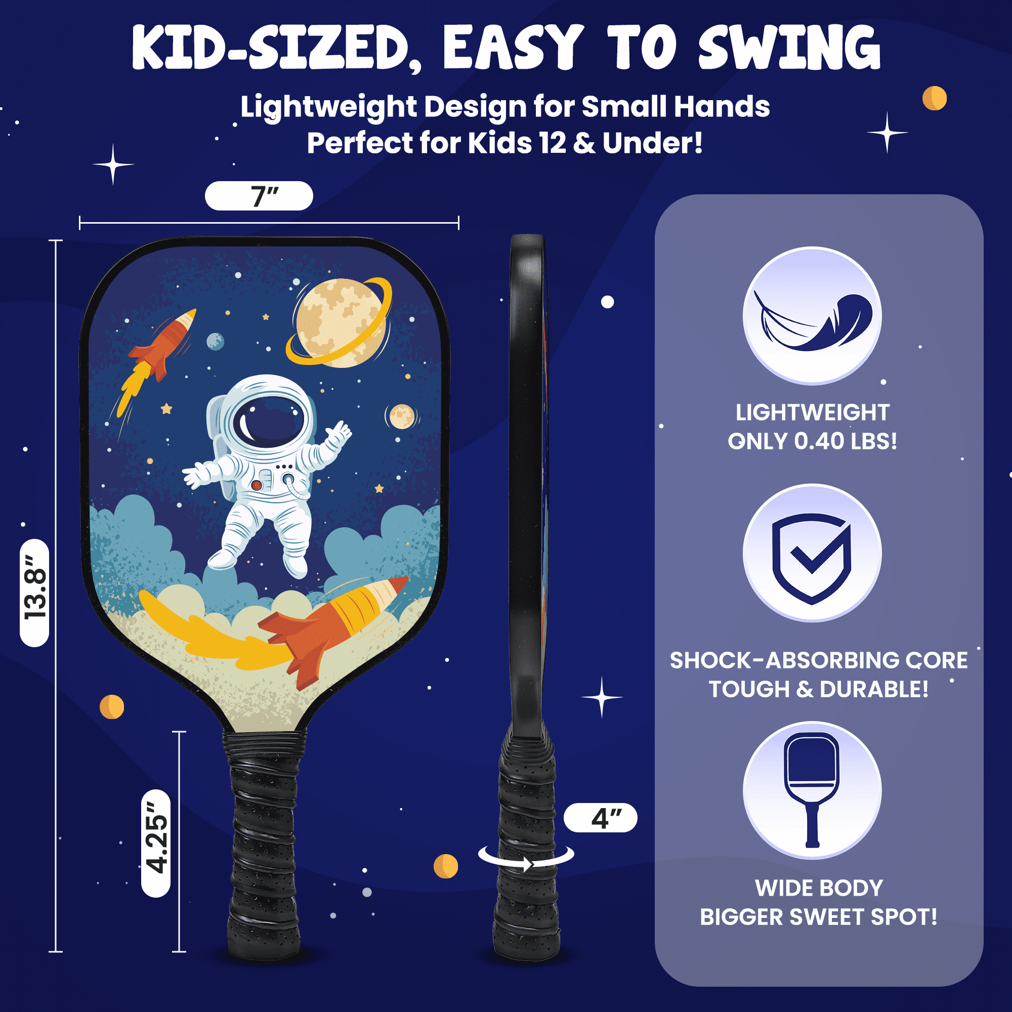 Kids Pickleball Paddle – Astronaut & Galaxy Design for Ages 3–12 | Lightweight 0.37 lb Fiberglass Paddle with Small Grip | Beginner-Friendly Paddle for Boys & Girls