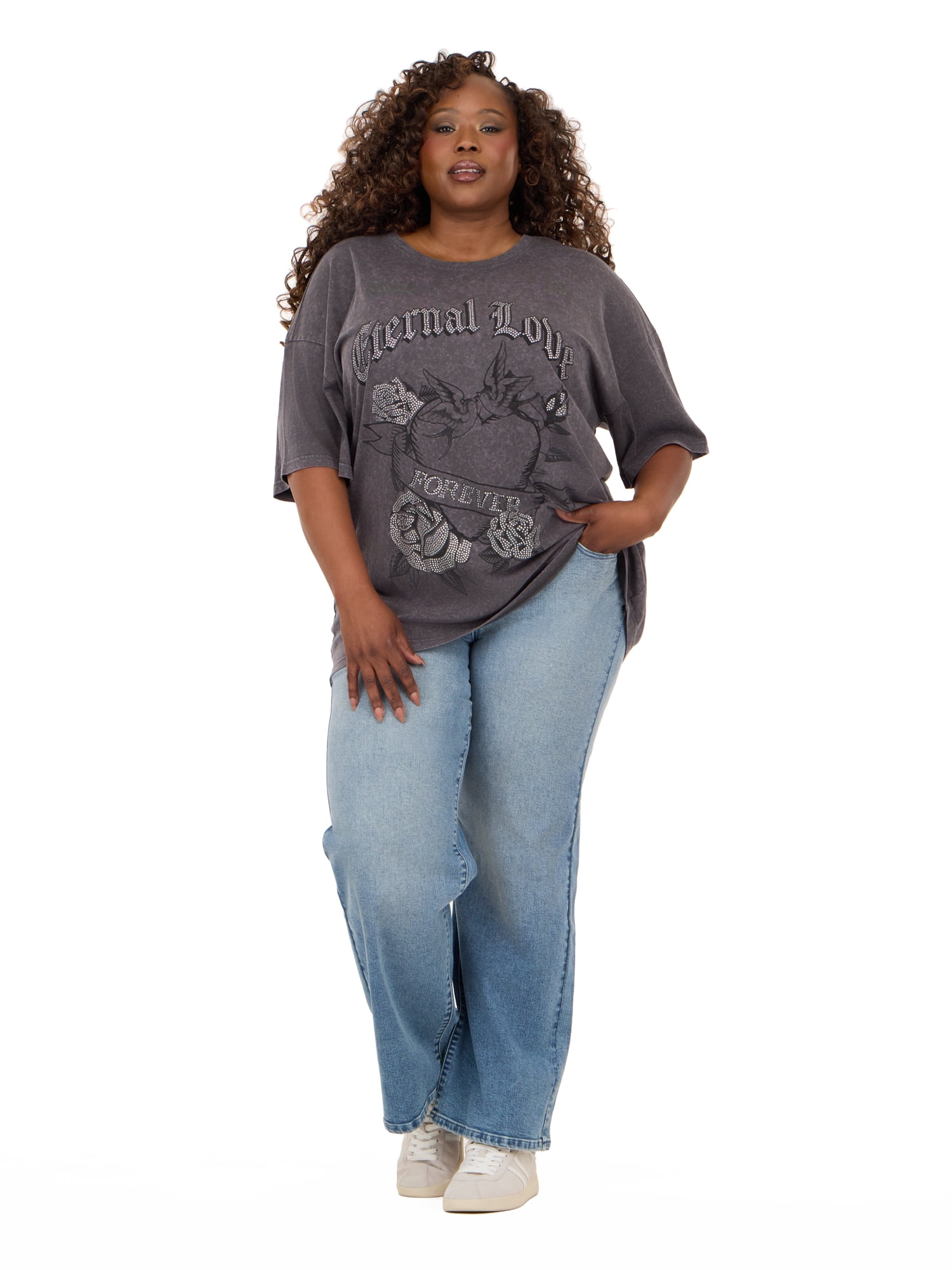 Forever 21 Women's Oversized Graphic Tee, Relaxed Fit Short Sleeve T-Shirt, Casual Streetwear Everyday Style Top, Grey, XXS-4X