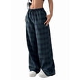 thumbnail image 1 of Pantalones Rectos con Estampado de Leopardo A Cuadros para Mujer, Cintura Elástica, Estilo Y2K, con Bolsillos. Cuadrícula Azul y Verde XXL, 1 of 8