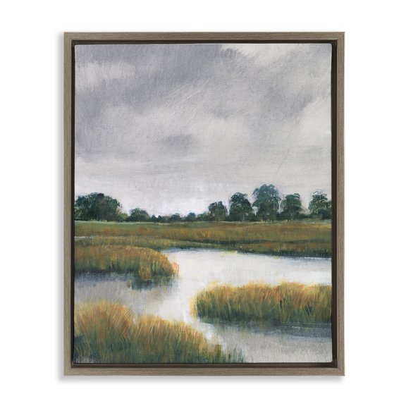 Stupell Industries Cloudy Rural Marsh Landscape Landscape Painting Brown Floater Framed Canvas Art Print Wall Art, 17 x 21