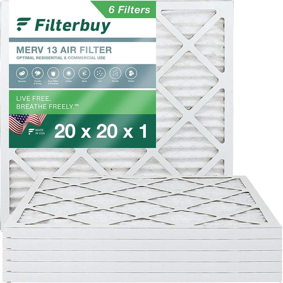 Filterbuy 20x20x1 MERV 13 Filtres à Air Plissés HVAC AC Four (6-Pack)