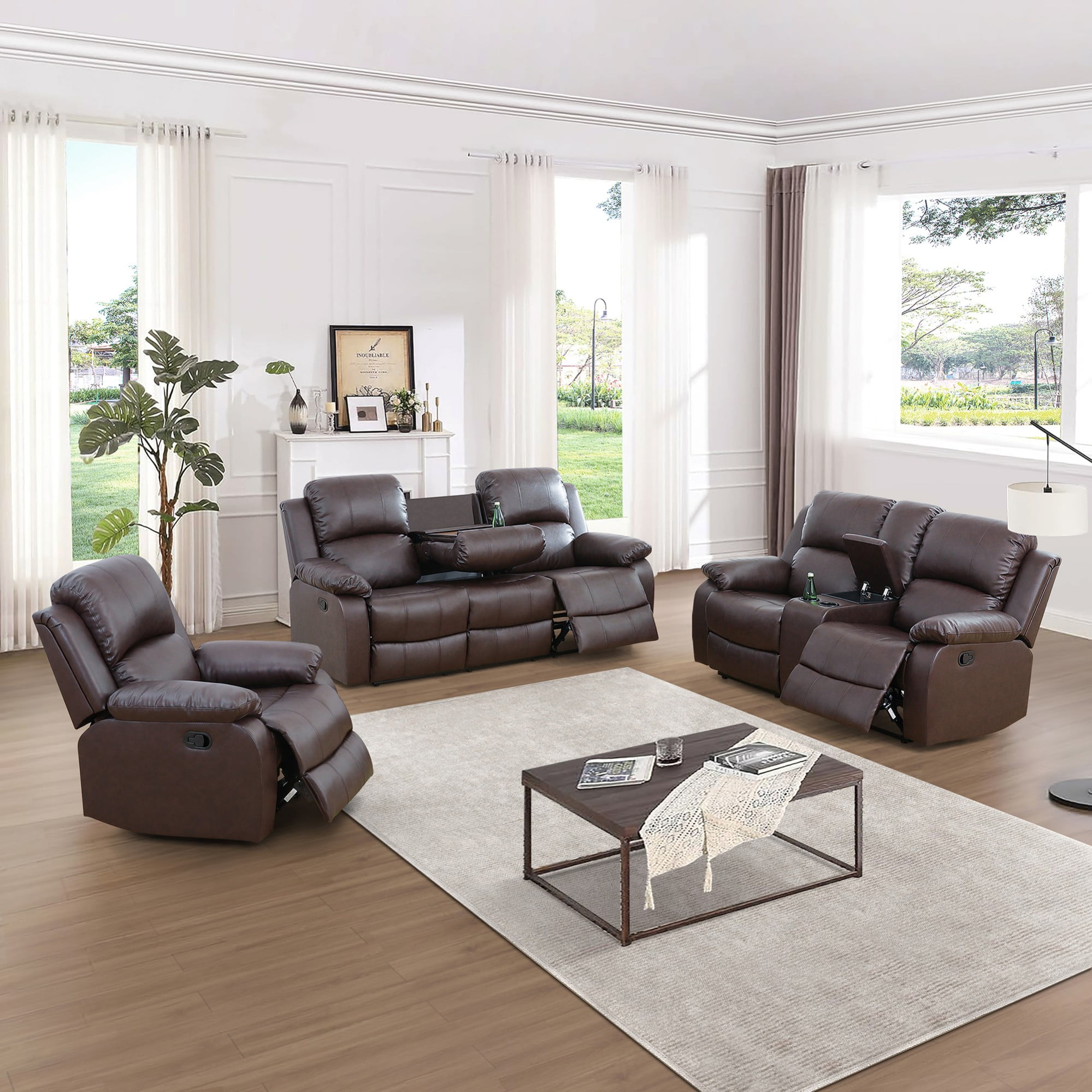 Gewnee Brown 3-Piece Living Room Air Leather Recliner Sofa Set with Console & Cup Holders