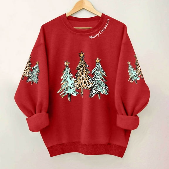 HOMBOM Womens Winter Sweatshirts Red Merry Festive Casual Christmas Tree Sweatshirt for Ladies Crewneck