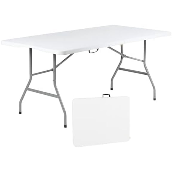 - Folding Table 6ft | Heavy Duty Plastic Event Table with Carrying Handle | No Assembly Required | Portable with Side Lock | Powder-Coated Steel Legs, White, Plastic$$Furniture