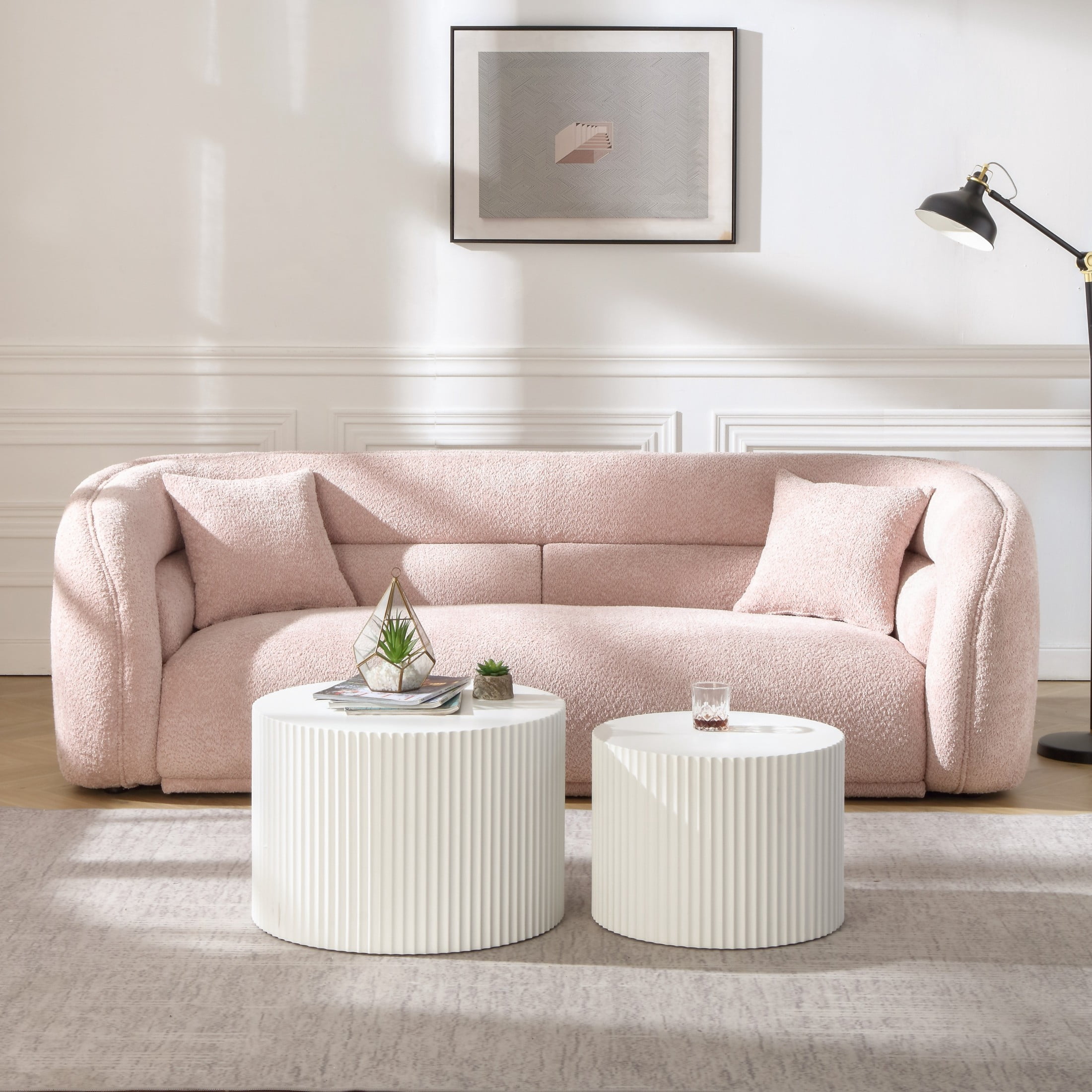 Noble House Nesting Round Coffee Tables, Modern MDF Handcrafted Relief for Living Room, White, Set of 2