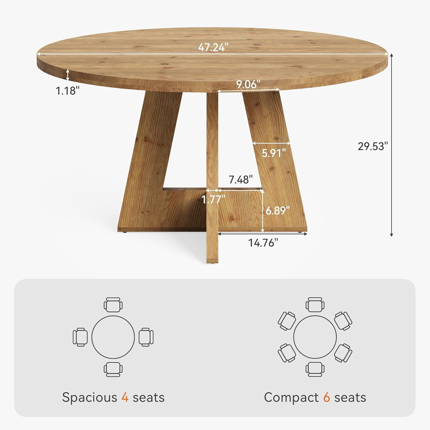 Finmind 47-Inch Solid Wood Round Kitchen Table for 4-6, Farmhouse Dining Table, Wooden Circle Dinner Table for Dining Room, Family Gathering
