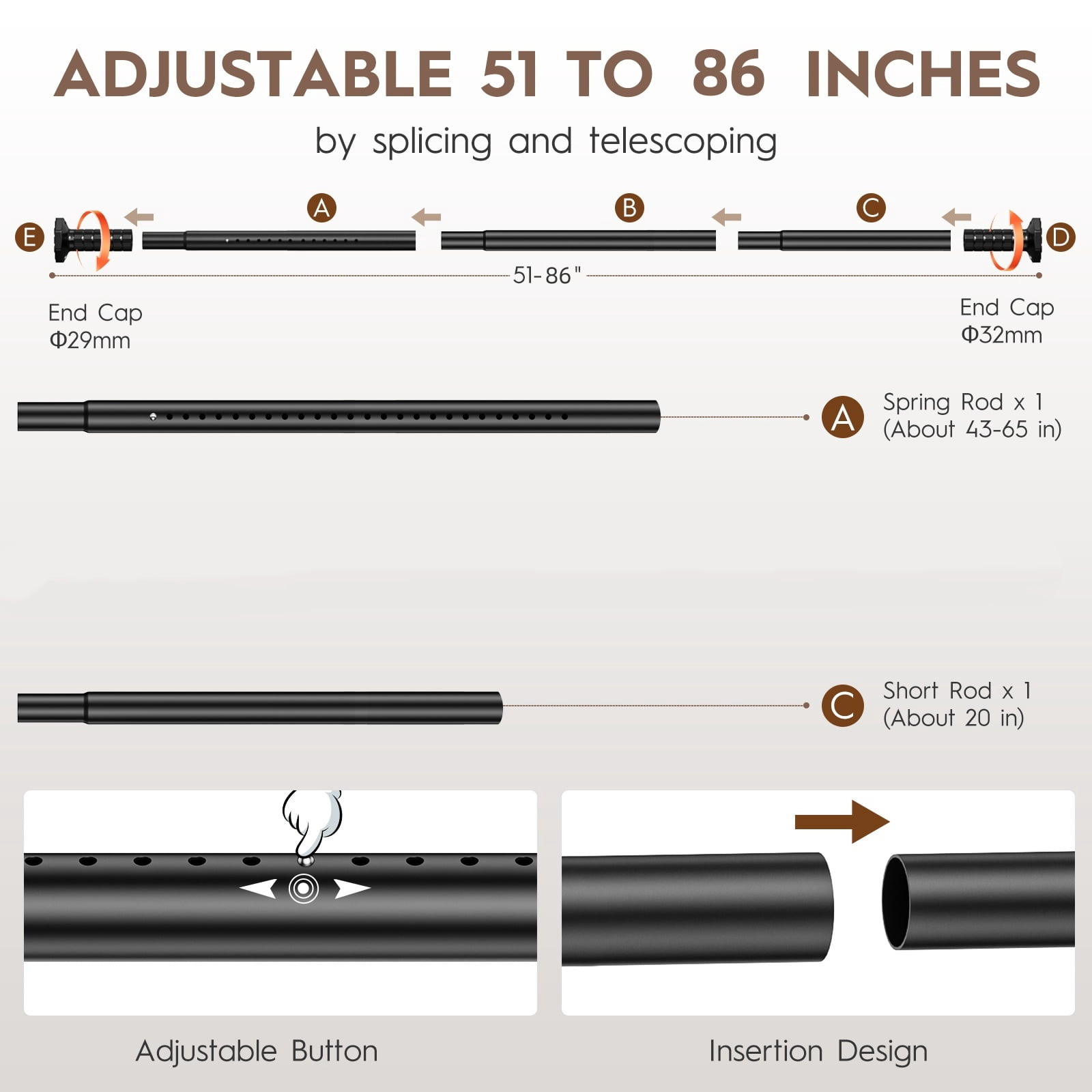 VEGCOO Tension Curtain Rod 51-86 In , Outdoor Curtain Rod No Drilling for Patio Window, Shower Curtain Rod for Bathroom, Adjustable Spring Heavy Duty Tension Rod Renter Friendly, Black