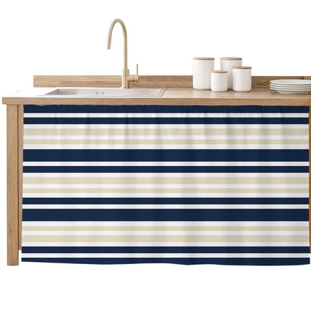 Cabinet Curtain Khaki Striped Kitchen Shelf Curtain Desk Under Sink Curtain Skirt Privacy Drape Cover Navy Blue Contrast Stripes Cabinet Curtains for Kitchen Shelves Laundry Room Bathroom 28x51 Inch