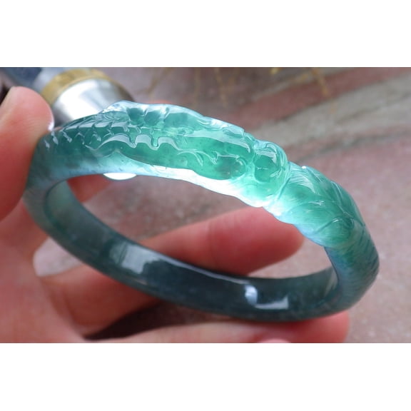 Certified Icy Green Burma 100% Natural A JADE Jadeite Dragon Bangle Bracelet 58 mm 648192 TN