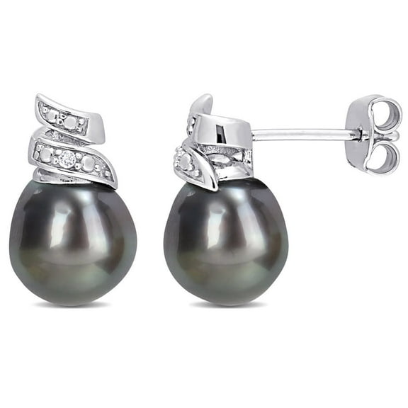 AMOUR 8-9mm Black Tahitian Cultured Pearl and Diamond Accent Swirl Stud Earrings In Sterling Silver