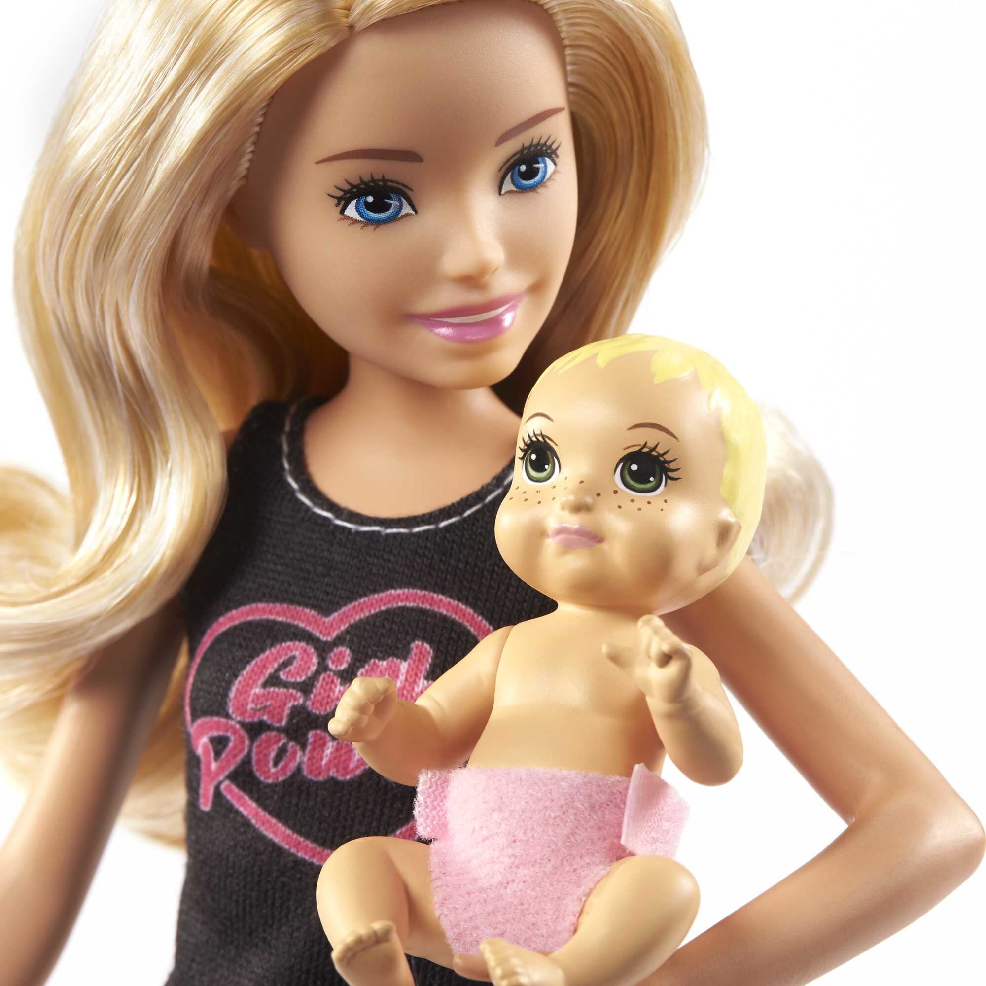Barbie Skipper Babysitters Inc Set with Blonde Doll in 'Girl Power' Top, Baby Doll & 4 Themed Pieces