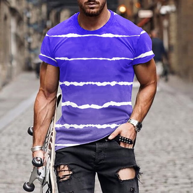 Qertyioot Liquidation T-Shirt à Manches Courtes pour Hommes Col Rond Rayé Imprimé Entraînement Physique Sports
