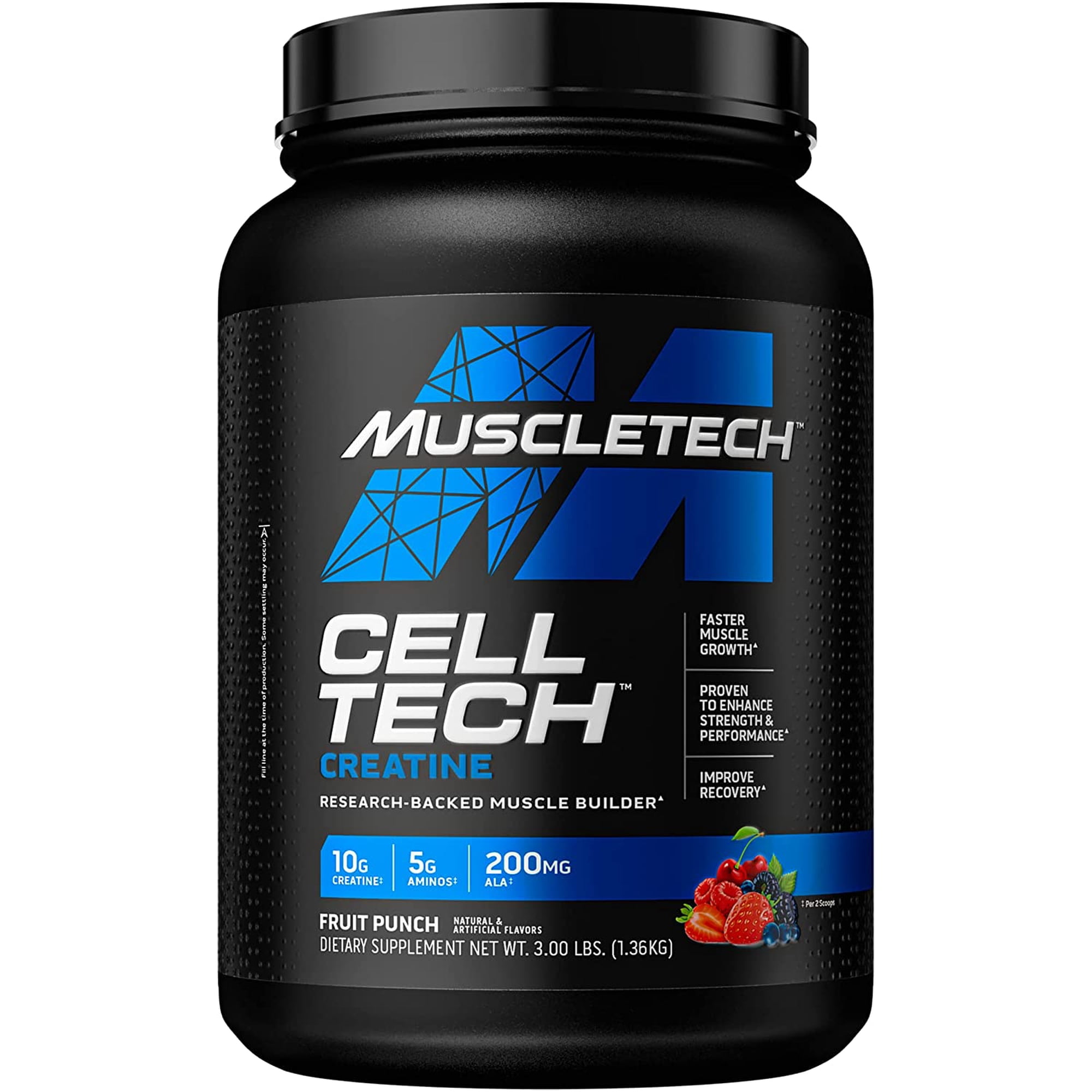 Cell Tech Creatine Monohydrate Formula Powder, HPLC-Certified, Improved Muscle Growth & Recovery, Fruit Punch, 30 Servings (3.00lbs)