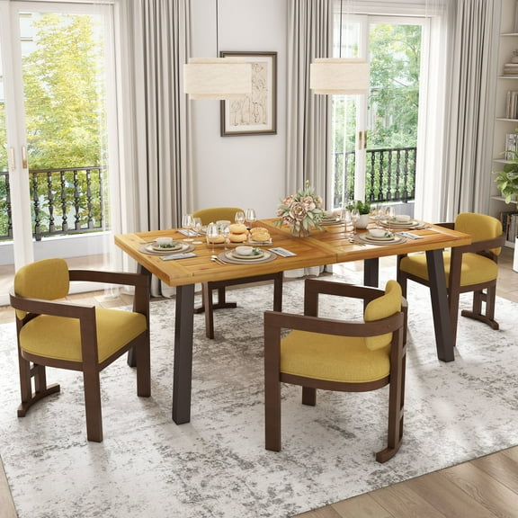 GDF Studio Modern Fabric Upholstered Dining Chairs with Solid Wood Frame, Yellow Walnut, Set of 4