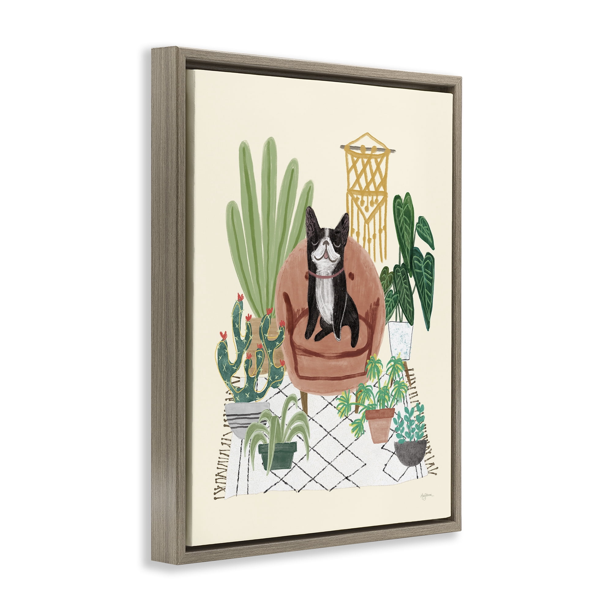 Stupell Industries Dog on Sofa with Plants Animals & Insects Painting Brown Floater Framed Canvas Art Print Wall Art, 17 x 21