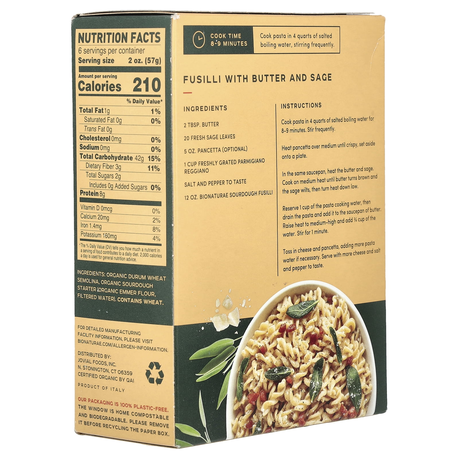 (6 pack) Bionaturae Organic Sourdough Fusilli Pasta, 12 oz, Non-GMO, Kosher Certified