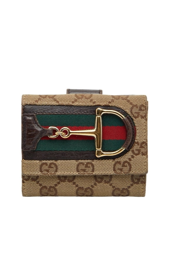 Pre-Owned Gucci GG Canvas Horsebit Sherry Line Bifold Wallet 138031 Brown Leather... (Good)