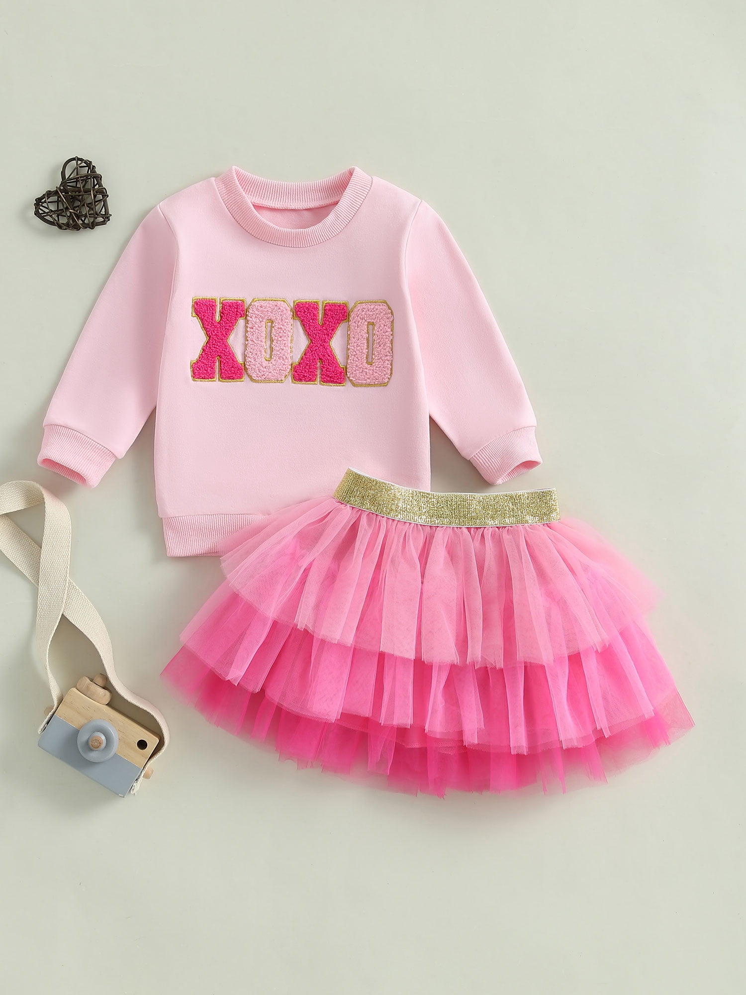 Jxzom Toddler Baby Girl Valentines Outfit XOXO Letter Embroidery Long Sleeve Sweatshirt Tops and Tulle Tutu Skirts Set 1-6 Years Cute Valentines Clothes
