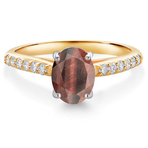 Gem Stone King 10K Yellow and White Gold Red Tiger Eye and White Lab Grown Diamond Engagement Ring for Women (1.43 Cttw, Oval 8X6MM, Gemstone Birthstone, Size 5)