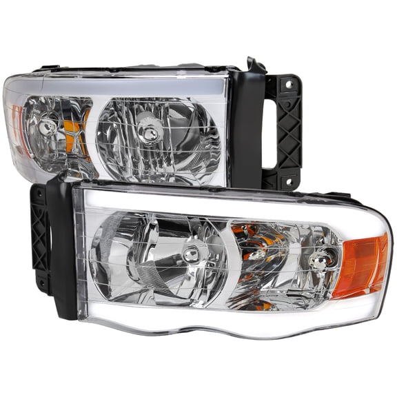 LED Tube Factory Style Headlights (Chrome Housing/Clear Lens) Made for and Compatible with 2002-2005 Dodge RAM 1500 /2003-2005 Dodge RAM 2500/3500