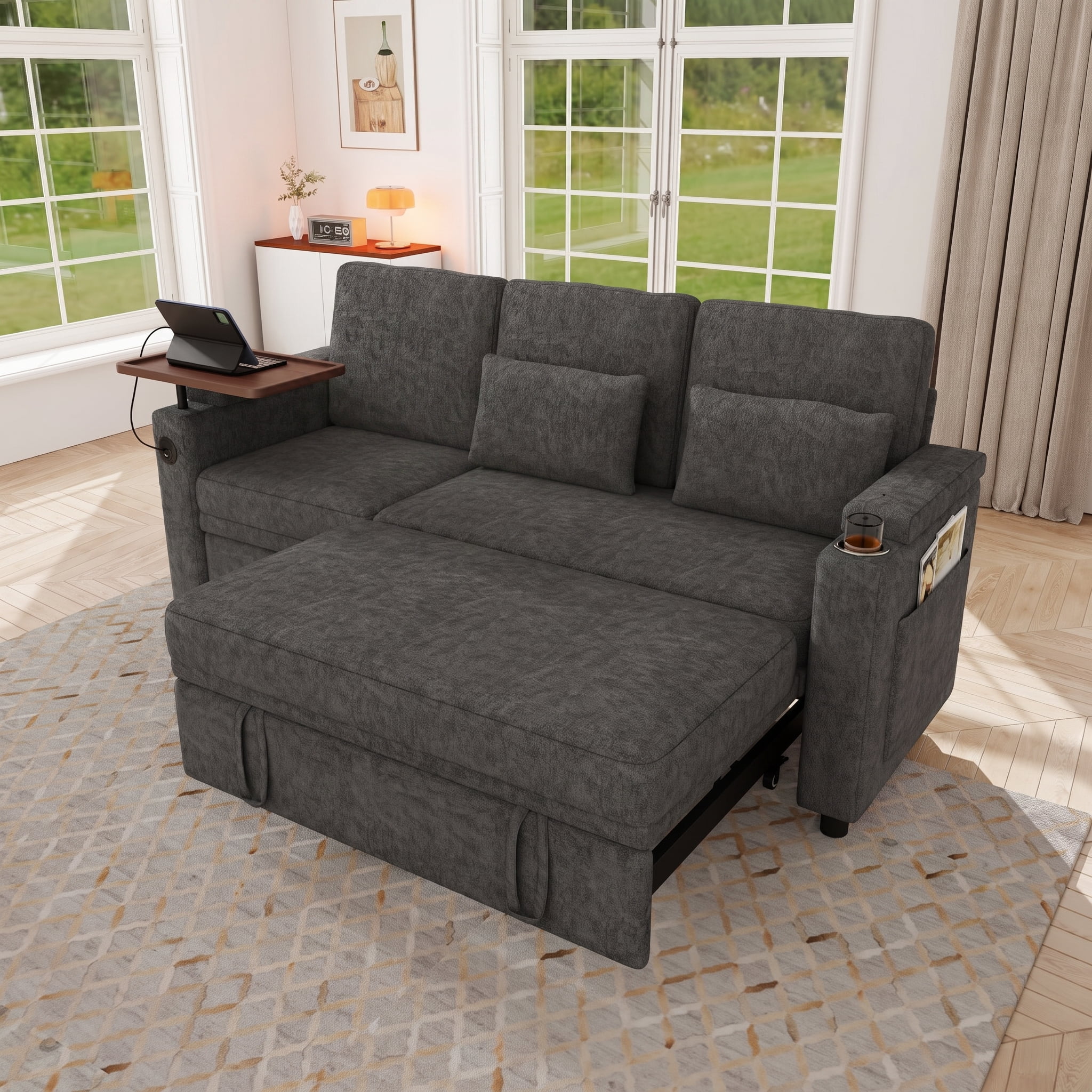 Leumius 3-in-1 Foldable 3 Seater Sofa Bed with Table Board,USB Ports,Armrest Storage,Adjustable Backrest,81inch Multi-Functional Chenille Fabric Sofa Couch for Living Room,Dark Gray