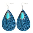 thumbnail image 2 of QIQUWOHUL Vintage Embossed Leather Water Drop Shape Blue Turquoise Stone Dangle Earrings For Women Mom, 2 of 9