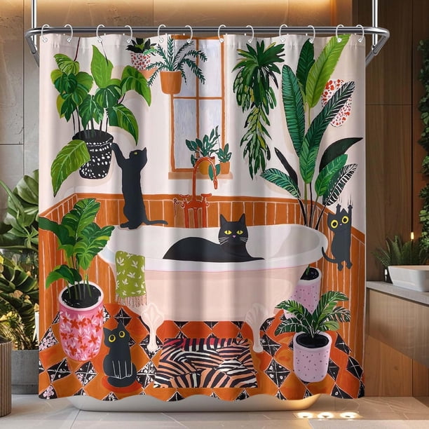 Cortina de ducha con diseño de gato, estilo bohemio, con diseño de gatos negros, estilo Matisse, para baño, con hojas de plantas tropicales verdes, beige, marrón y rojo, impermeable, 180 x 180 cm.