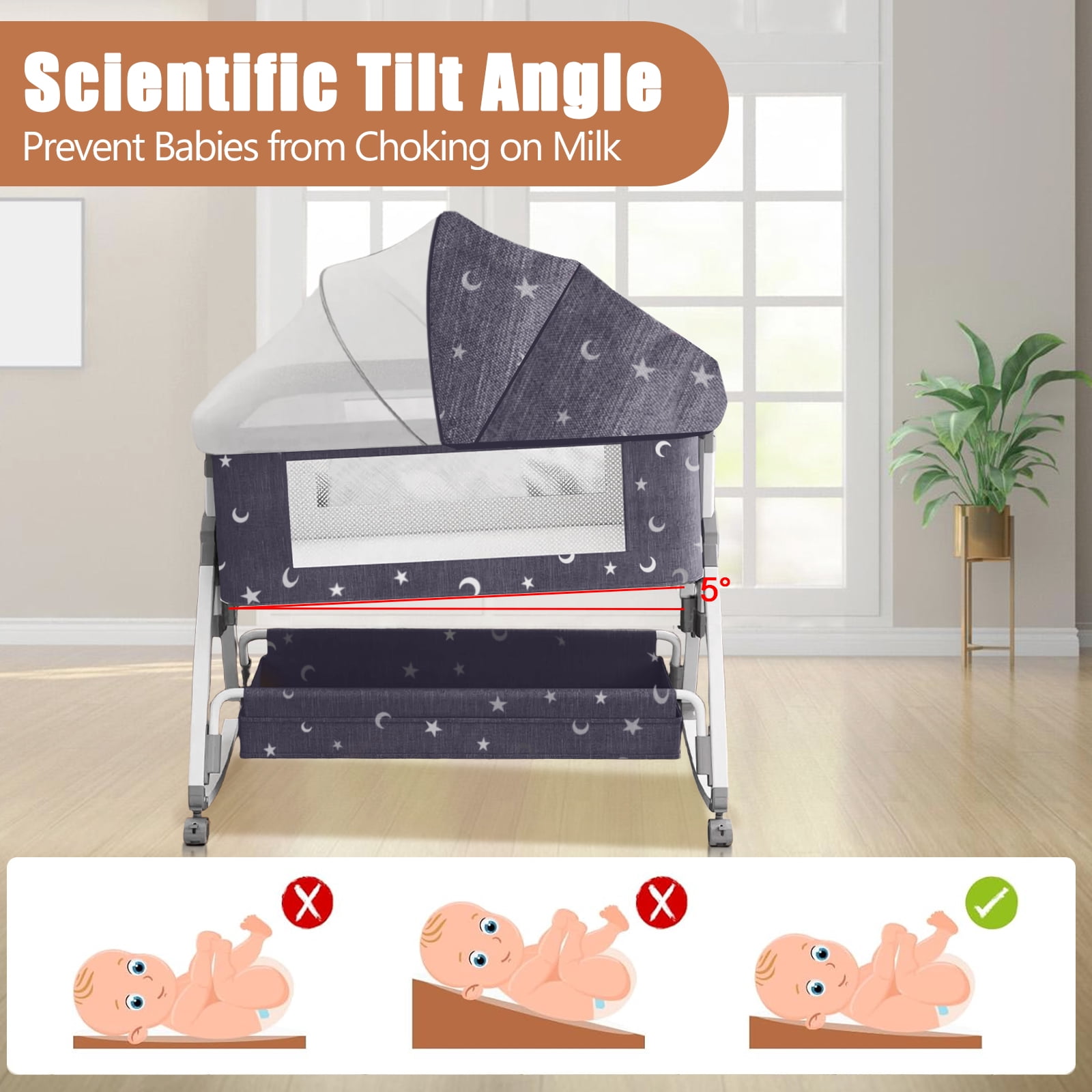 KFeng Baby Bassinet with Changing Table & Wheel,Adjustable Height for 0-36 Months,Gray Star
