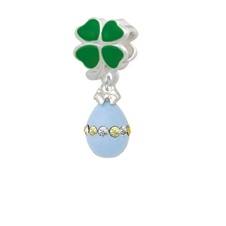 Easter Egg Bead - Light Blue Easter Egg with Multicolored Crystal Band - Green Four Leaf Clover Charm Bead