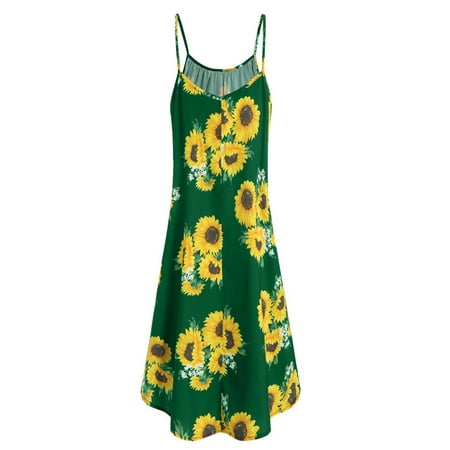 Drape Neck Mini Dress - Fashion Women Slash Neck Sleeveless Draped Sunflower Print Strap Mini Dress