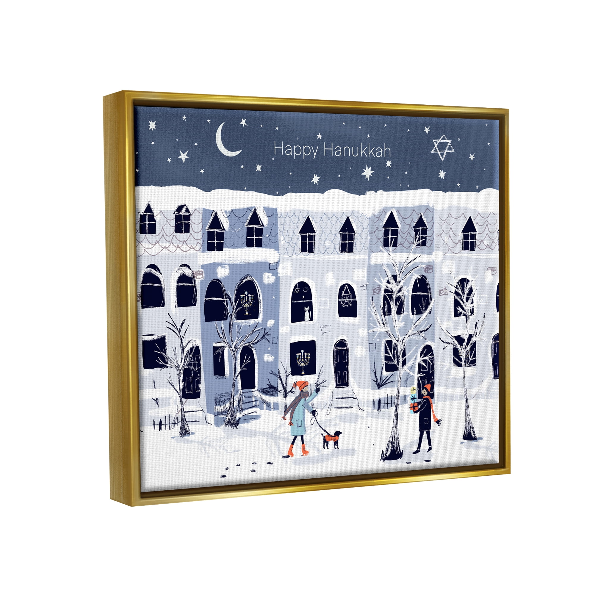 Stupell Industries Happy Hanukkah Winter City Scene Holiday Painting Gold Floater Framed Art Print Wall Art