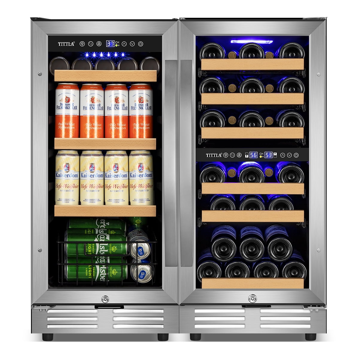 Tittla 15 Inch Dual Zone Wine Refrigerator and 15 Inch Beverage Refrigerator,Wine Cooler Holds 30 Bottles and 130 Cans for Kitchen Office