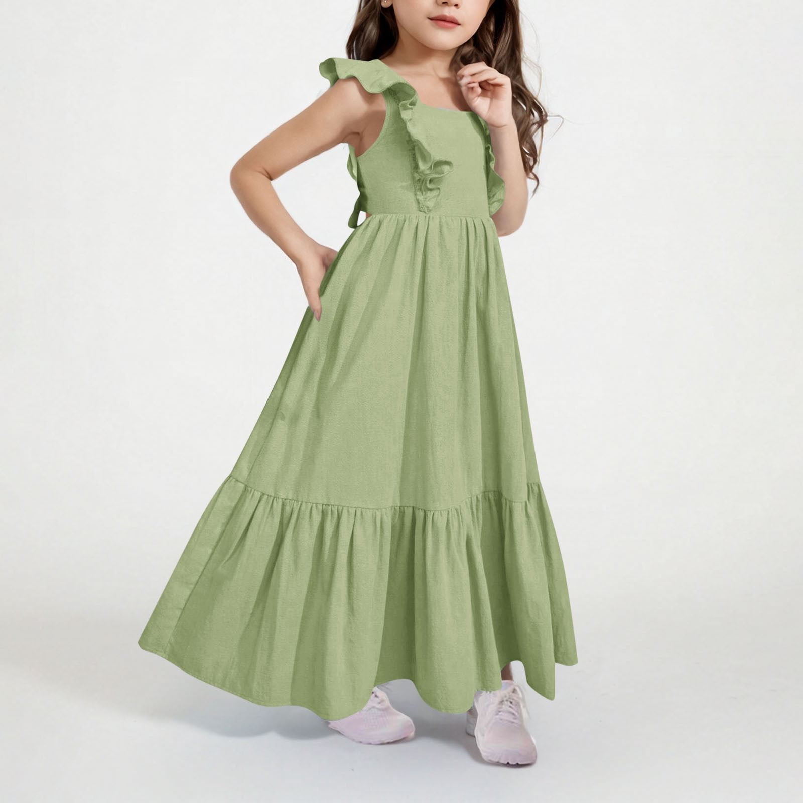 Cotton Linen Dresses for Girls Summer Size 4-15 Teens Kids Trendy Bowknot Backless Ruffle Sleeveless A-Line Beach Maxi Sundresses