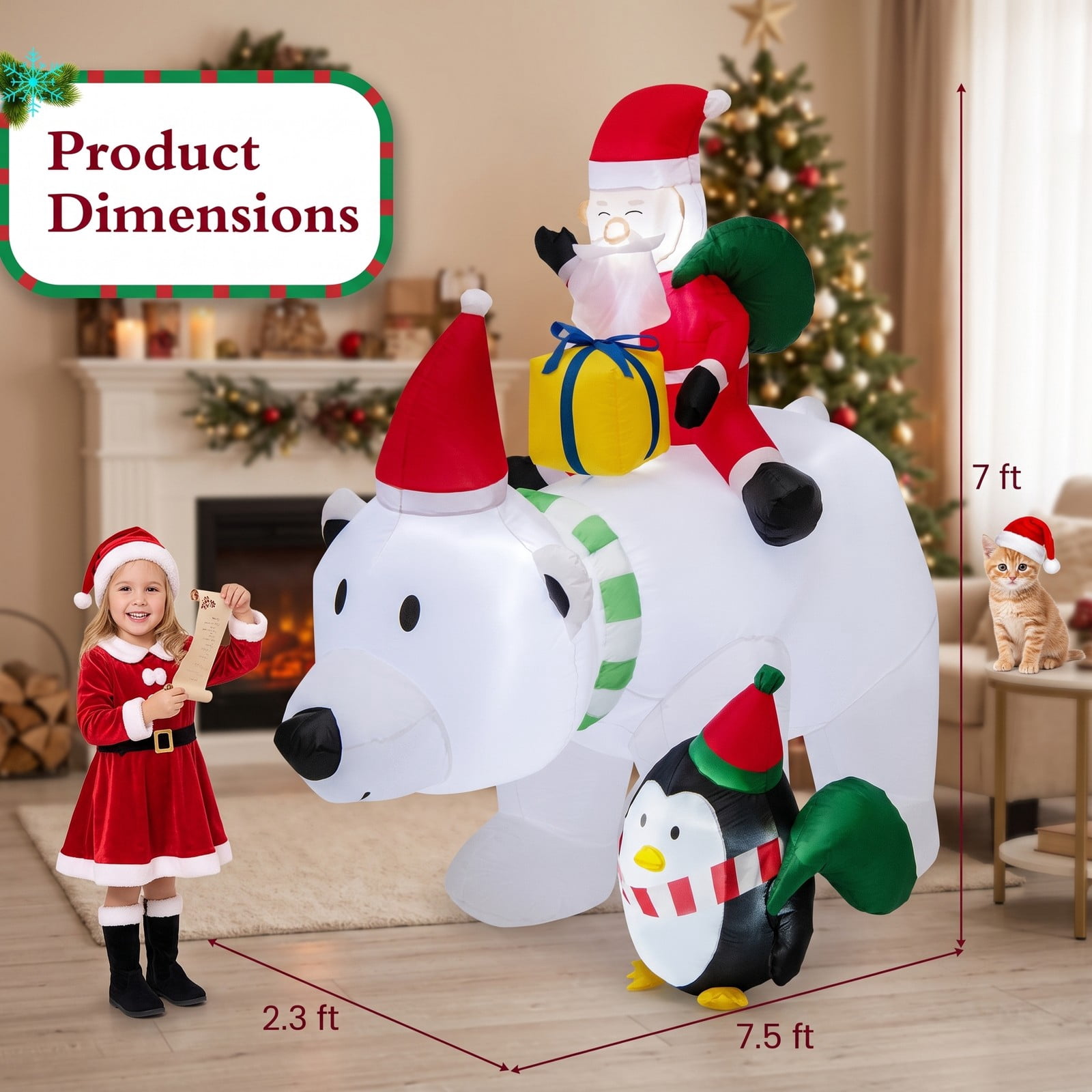 RUIE 7 Ft Inflatable Santa Claus Riding Bear with Penguin, Gift Bags and Gift Box, LED Lighted Christmas Yard Inflatable Blow Up Outdoor Holiday Decoration, Multicolor