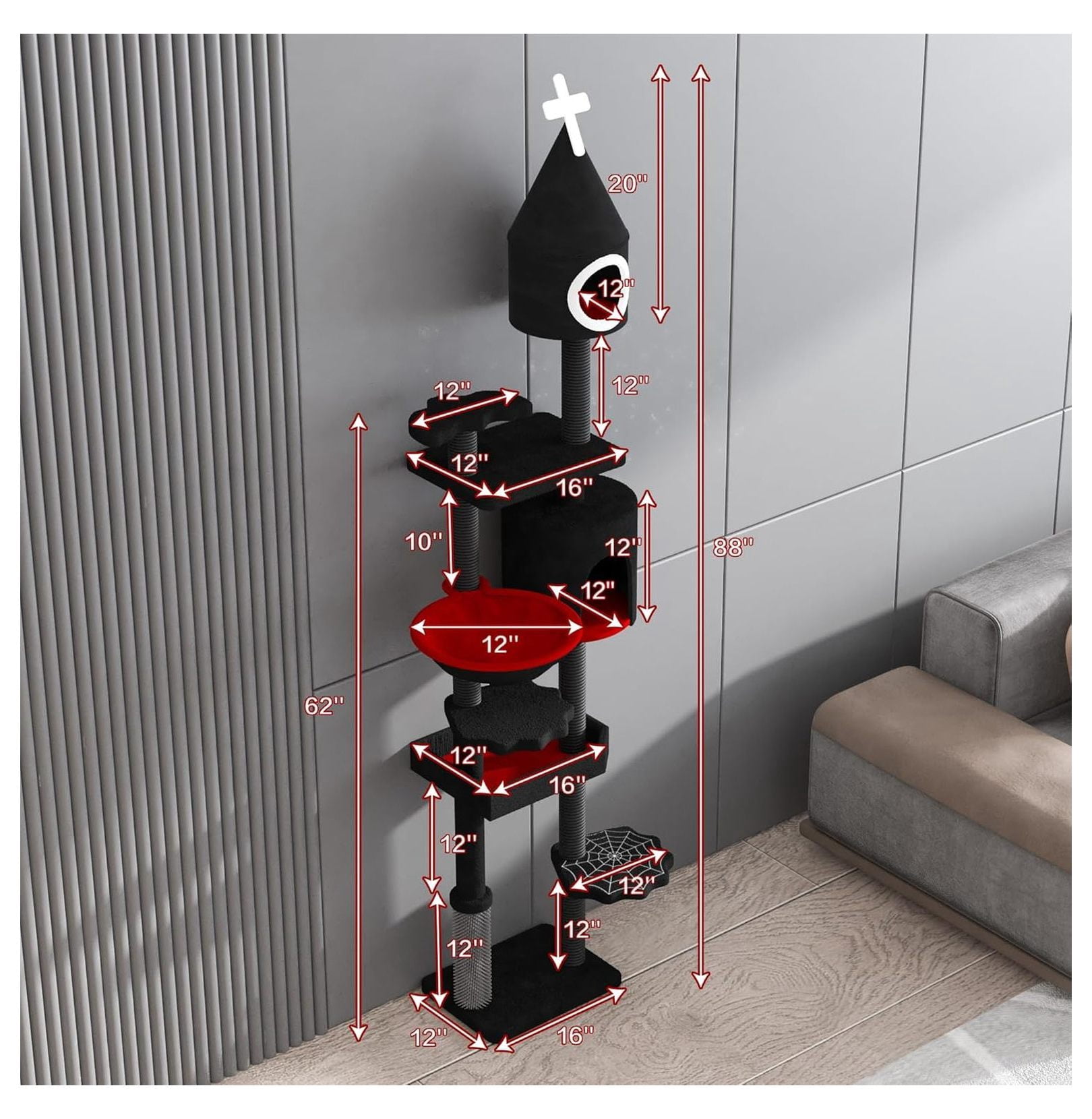 88" Cat Tree Gothic Condo Tower, Multi-Level Cat House with Spiderweb Platforms & Hammock, Tall Cat Furniture for Indoor Cats