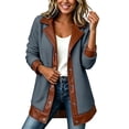 thumbnail image 2 of Karymi Patchwork Fake Sherpa Fleece Jackets for Women, Faux Leather Trim Lapel Collar Snap‑Button Casual Winter Plush Jacket, 2 of 8