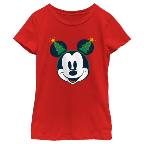 Girl's Mickey & Friends Retro Christmas Tree Ears  Graphic Tee Red Small