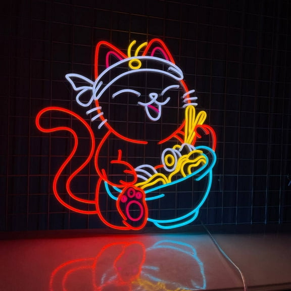 Glowneon Lucky Cat Ramen Noodles Neon Sign, Ramen Food Led Decor