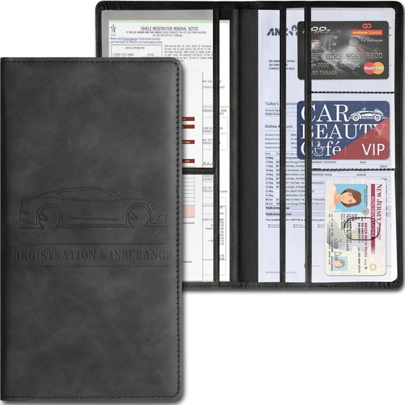 Yekepal Car Accessories Registration and Insurance Holder,Leather Essential Card Magnetic Shut Vehicle Glove Box Organizer Case for Auto Driver License Document Truck Motorcycle Boat Men Women,Black
